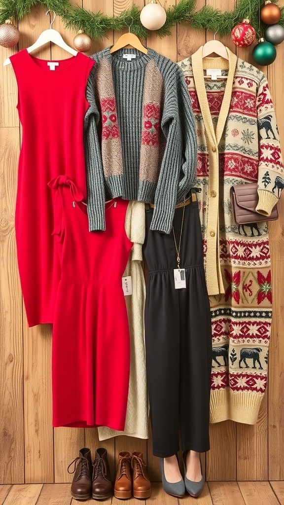 A collection of winter outfits for Christmas including a red dress, knit sweater, winter coat, jumpsuit, and holiday sweater.